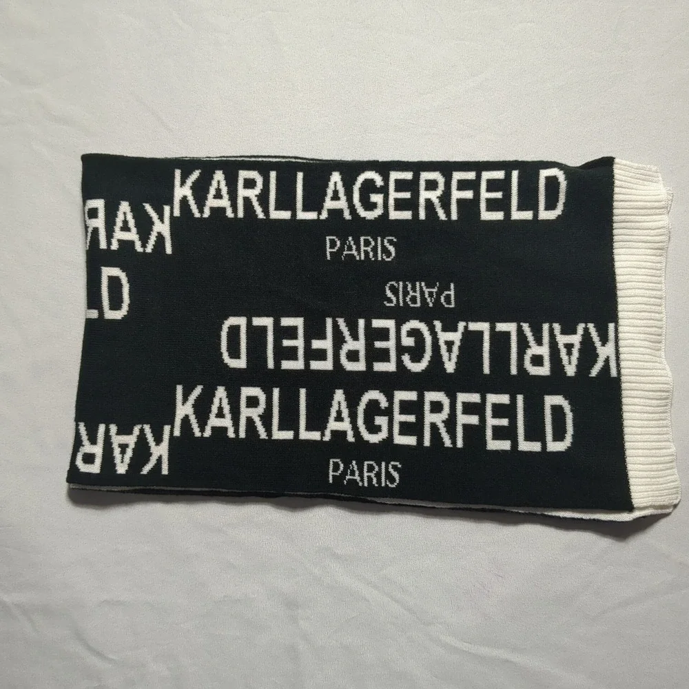 Karl Lagerfeld Paris Scarf‎ Black White Logo Knit Acrylic Reversible  70x10 EUC